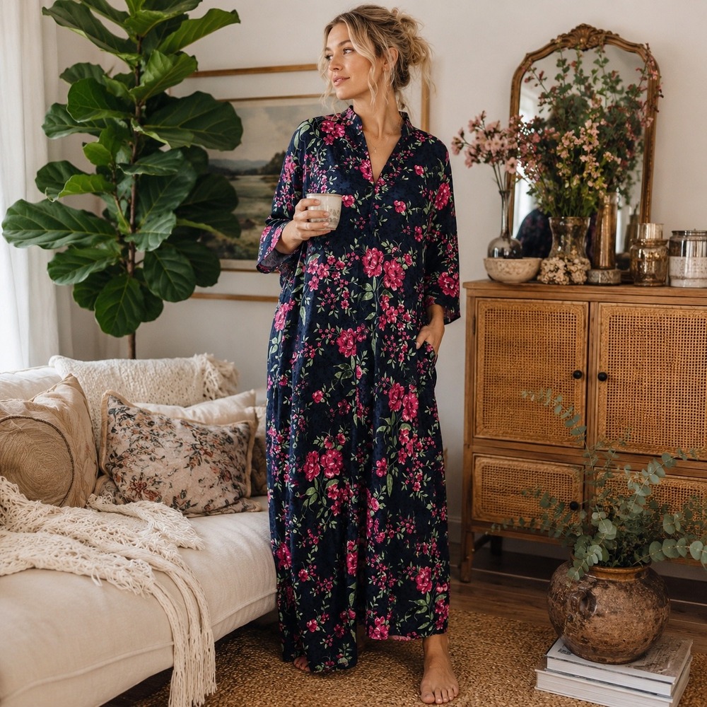 Vintage Santé Floral Muumuu Caftan House Dress Maxi Zip Tassel Size S
